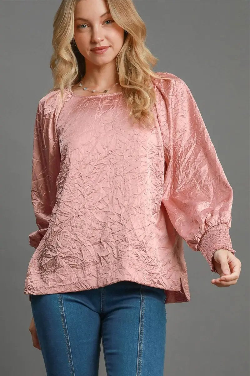 Umgee Wrinkled Round Neck Lantern Sleeve Blouse for Women - Love Salve